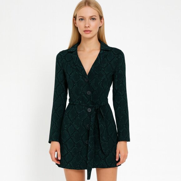 ZARA Green Black Snake Print Wrap Mini Dress Long Sleeve Belted Collared XS - Picture 2 of 12